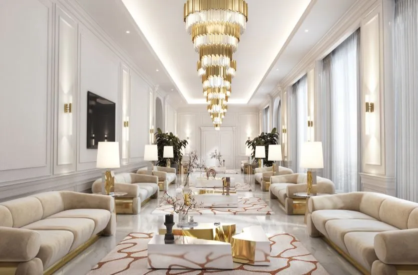 永利皇宫酒店大堂，白色大理石和金色装饰营造出皇室般的尊贵氛围